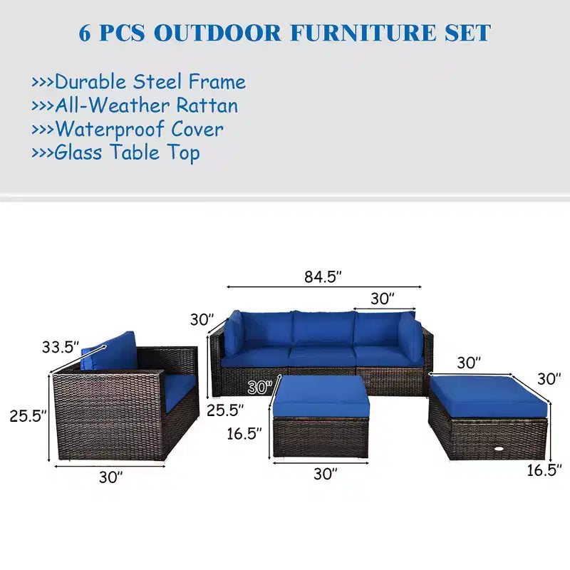 Ensemble de meubles de jardin en rotin 6 pièces Canapé sectionnel Table basse avec pouf coussin bleu marine – Sanzelize Design