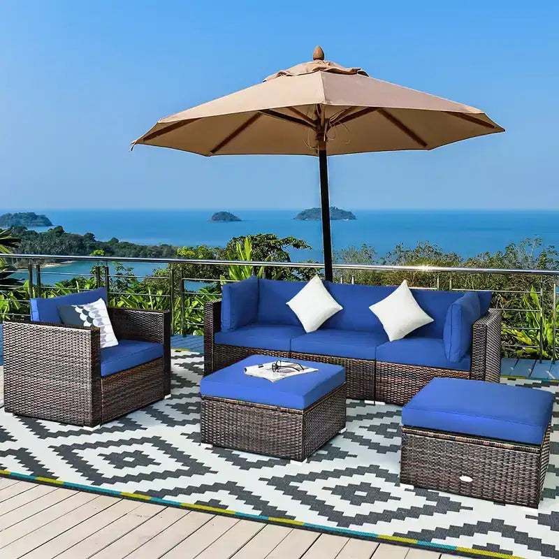 Ensemble de meubles de jardin en rotin 6 pièces Canapé sectionnel Table basse avec pouf coussin bleu marine – Sanzelize Design