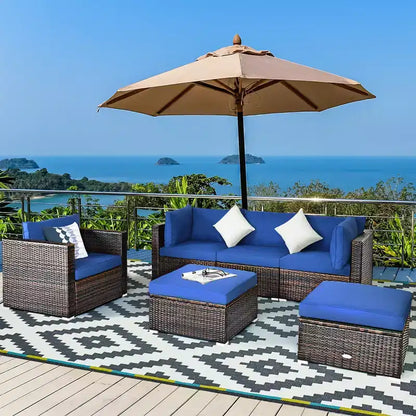 Ensemble de meubles de jardin en rotin 6 pièces Canapé sectionnel Table basse avec pouf coussin bleu marine – Sanzelize Design