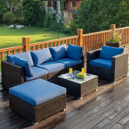 Ensemble de meubles de jardin en rotin 6 pièces Canapé sectionnel Table basse avec pouf coussin bleu marine – Sanzelize Design