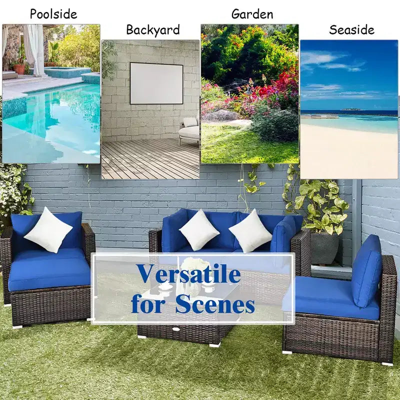 Ensemble de meubles de jardin en rotin 6 pièces Canapé sectionnel Table basse avec pouf coussin bleu marine – Sanzelize Design
