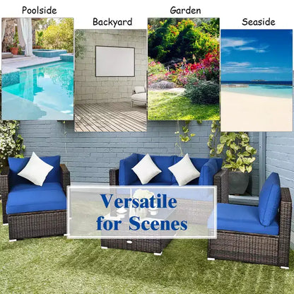Ensemble de meubles de jardin en rotin 6 pièces Canapé sectionnel Table basse avec pouf coussin bleu marine – Sanzelize Design