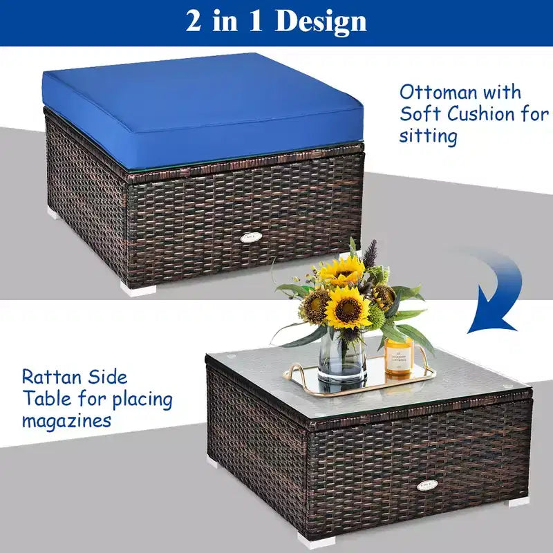Ensemble de meubles de jardin en rotin 6 pièces Canapé sectionnel Table basse avec pouf coussin bleu marine – Sanzelize Design