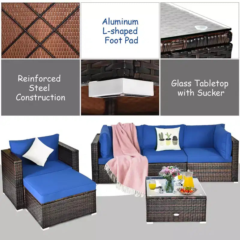 Ensemble de meubles de jardin en rotin 6 pièces Canapé sectionnel Table basse avec pouf coussin bleu marine – Sanzelize Design