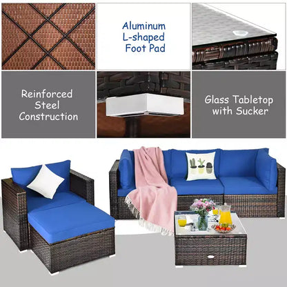 Ensemble de meubles de jardin en rotin 6 pièces Canapé sectionnel Table basse avec pouf coussin bleu marine – Sanzelize Design