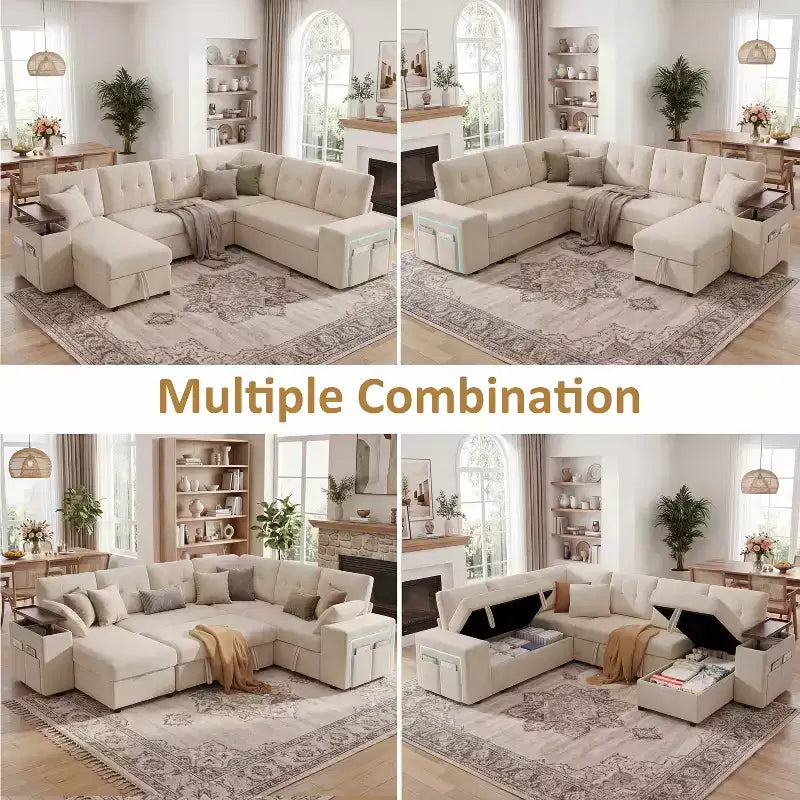 Canapé modulaire 284 cm convertible avec lit gigogne, canapé d'angle en U avec rangement – Sanzelize Design