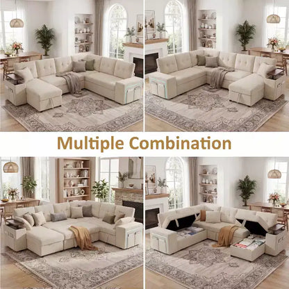 Canapé modulaire 284 cm convertible avec lit gigogne, canapé d'angle en U avec rangement – Sanzelize Design