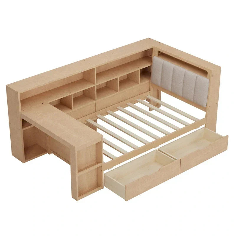 Canapé-lit d'angle en bois en forme de L avec bureau, bibliothèque, lit d'angle avec tiroirs de rangement – Sanzelize Design