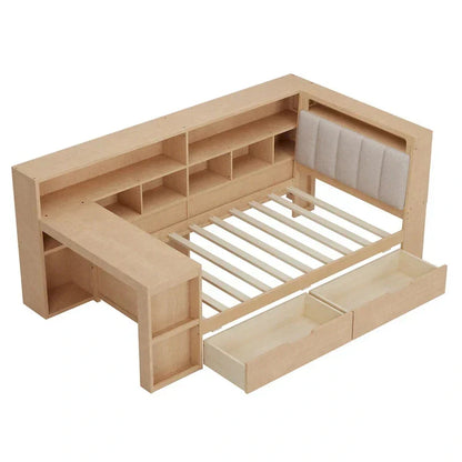 Canapé-lit d'angle en bois en forme de L avec bureau, bibliothèque, lit d'angle avec tiroirs de rangement – Sanzelize Design