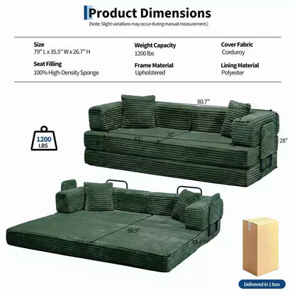 Canapé-lit convertible 5-en-1 de 205 cm – Velours côtelé, charge max. 544 kg, sans assemblage – Sanzelize Design