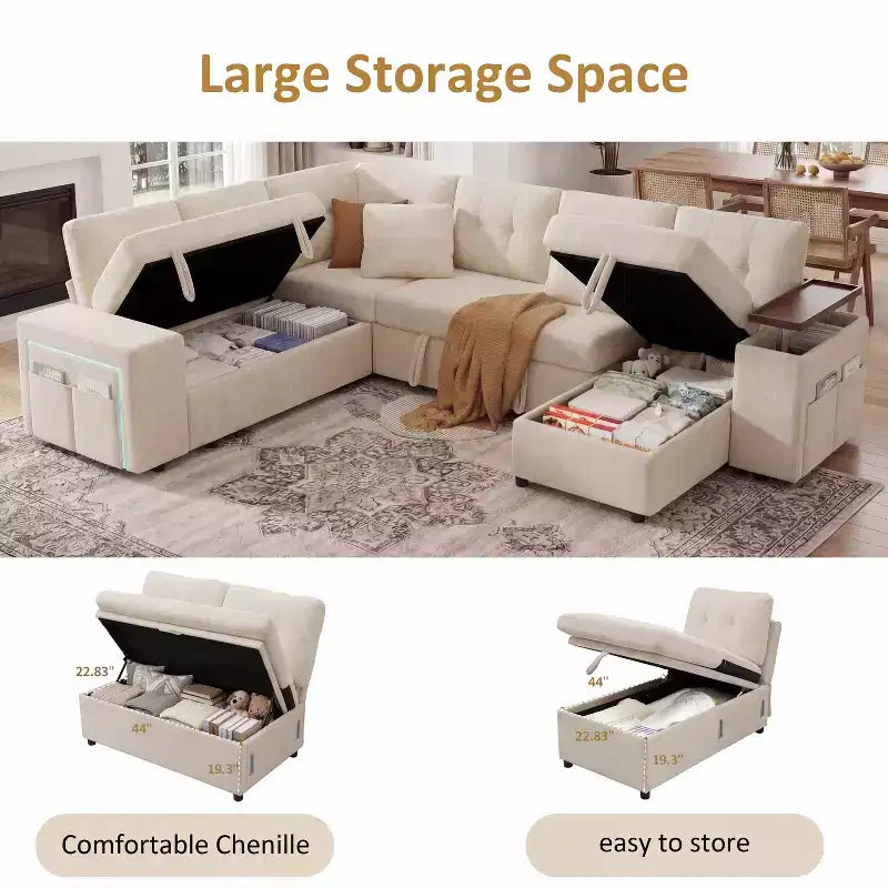Canapé modulaire 284 cm convertible avec lit gigogne, canapé d'angle en U avec rangement – Sanzelize Design