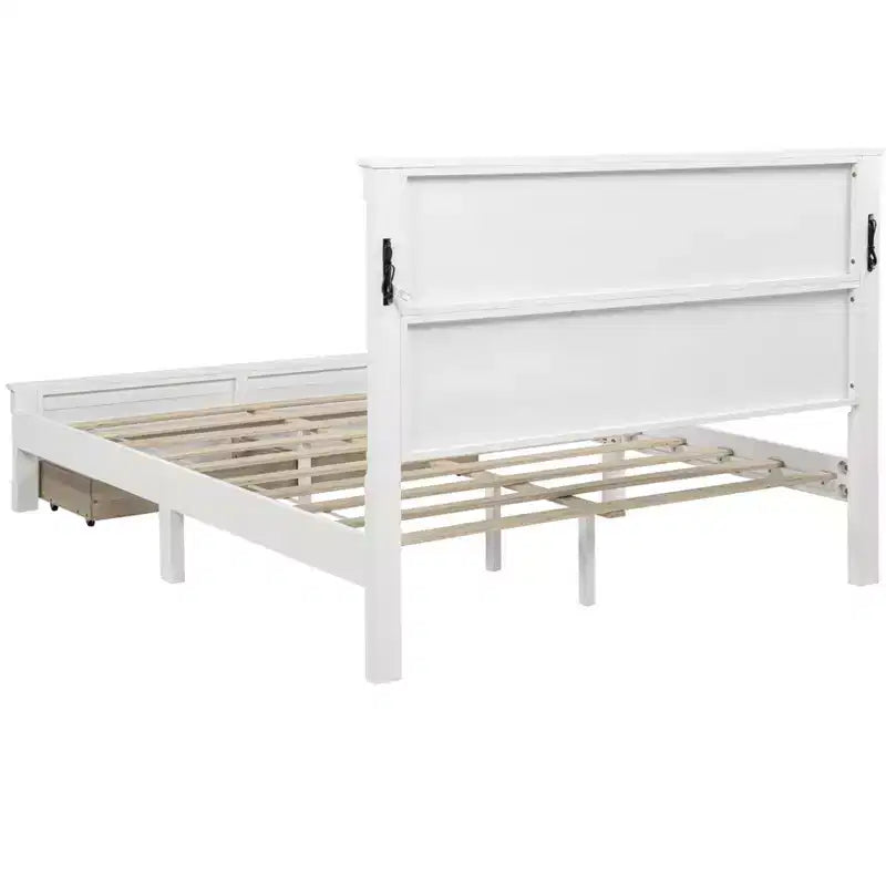 Lit plateforme 152 x 203 cm / 193 x 203 cm avec tête de lit haute, cadre de lit rustique en bois avec 2 tiroirs – Sanzelize Design