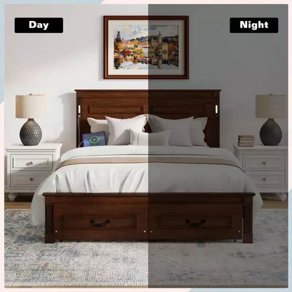 Lit plateforme 152 x 203 cm / 193 x 203 cm avec tête de lit haute, cadre de lit rustique en bois avec 2 tiroirs – Sanzelize Design