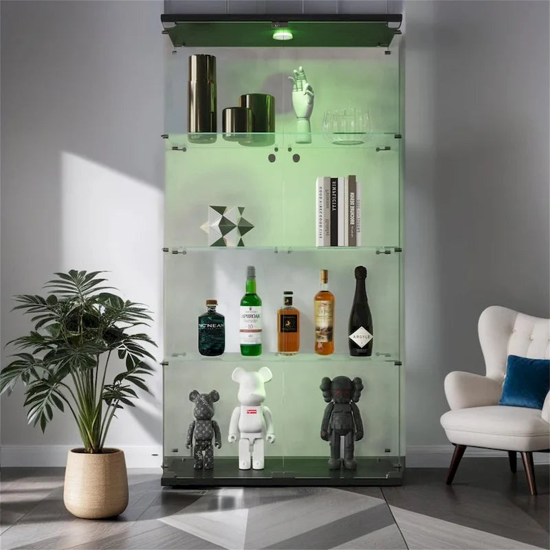 Vitrine en verre éclairée à deux portes avec 4 étagères, noire – Sanzelize Design