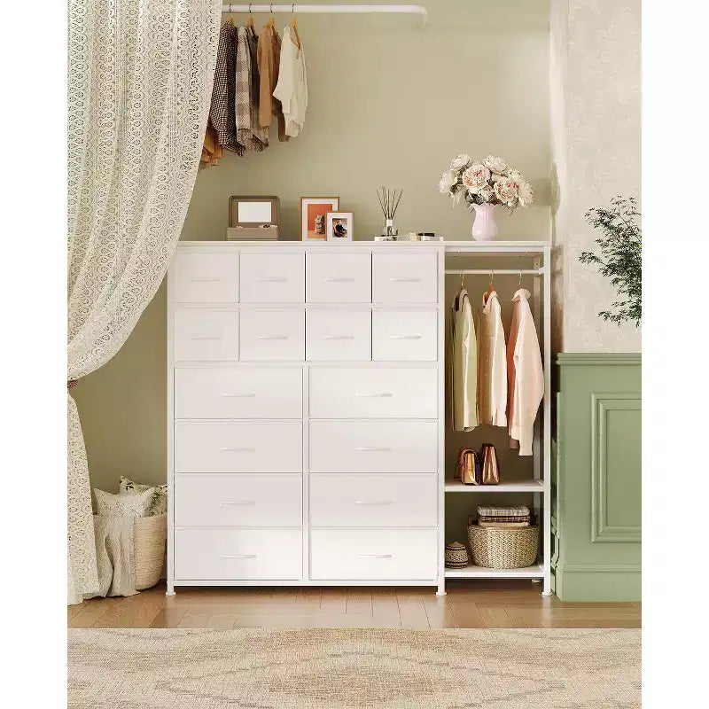 Commode de rangement avec 16 tiroirs, tringle à vêtements et étagères – Sanzelize Design