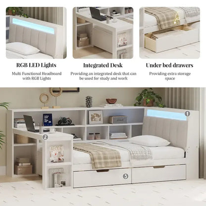 Canapé-lit d'angle en bois en forme de L avec bureau, bibliothèque, lit d'angle avec tiroirs de rangement – Sanzelize Design