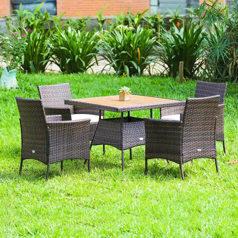 Ensemble de salle à manger 5 pièces en rotin pour terrasse, chaises avec accoudoirs, plateau de table en bois – Sanzelize Design