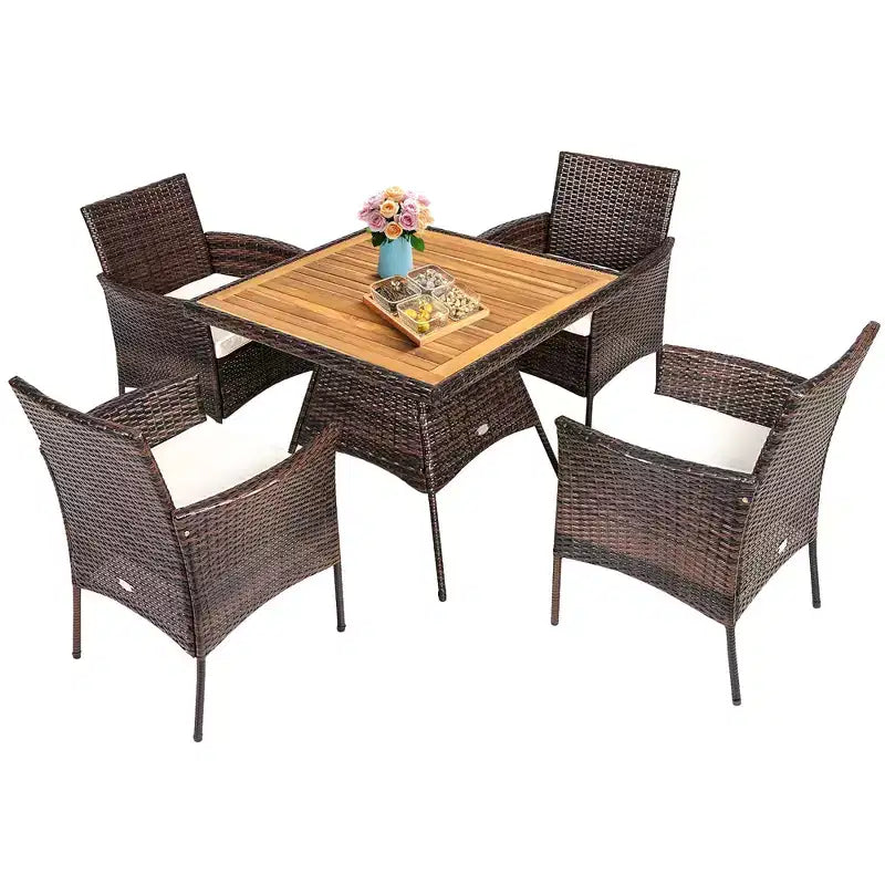 Ensemble de salle à manger 5 pièces en rotin pour terrasse, chaises avec accoudoirs, plateau de table en bois – Sanzelize Design