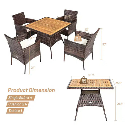 Ensemble de salle à manger 5 pièces en rotin pour terrasse, chaises avec accoudoirs, plateau de table en bois – Sanzelize Design