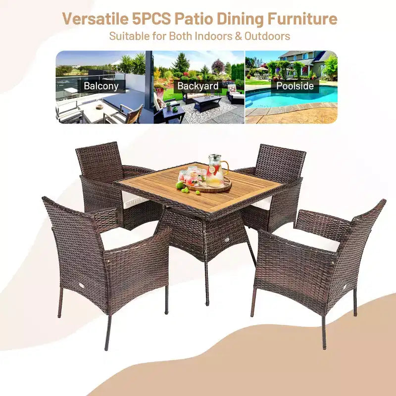 Ensemble de salle à manger 5 pièces en rotin pour terrasse, chaises avec accoudoirs, plateau de table en bois – Sanzelize Design