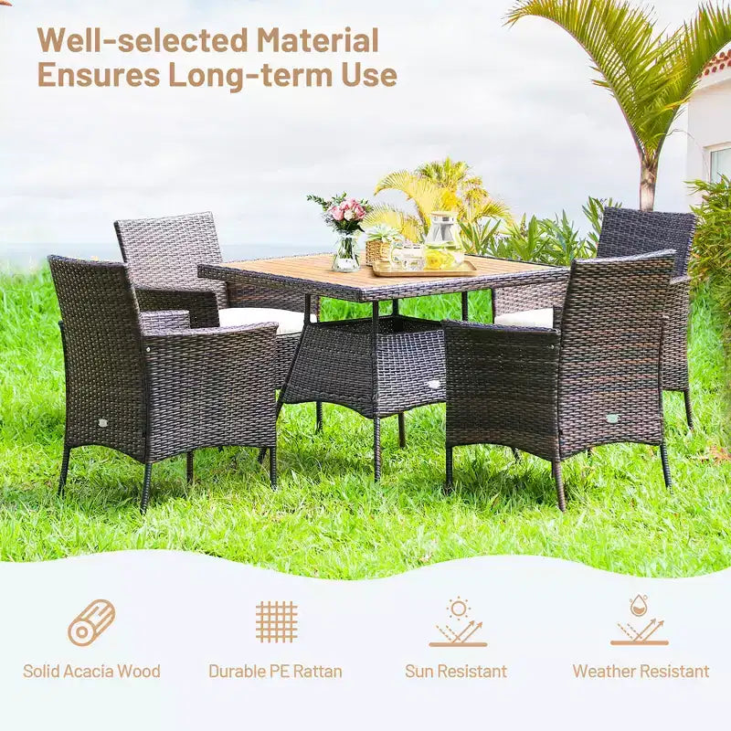 Ensemble de salle à manger 5 pièces en rotin pour terrasse, chaises avec accoudoirs, plateau de table en bois – Sanzelize Design