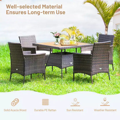 Ensemble de salle à manger 5 pièces en rotin pour terrasse, chaises avec accoudoirs, plateau de table en bois – Sanzelize Design