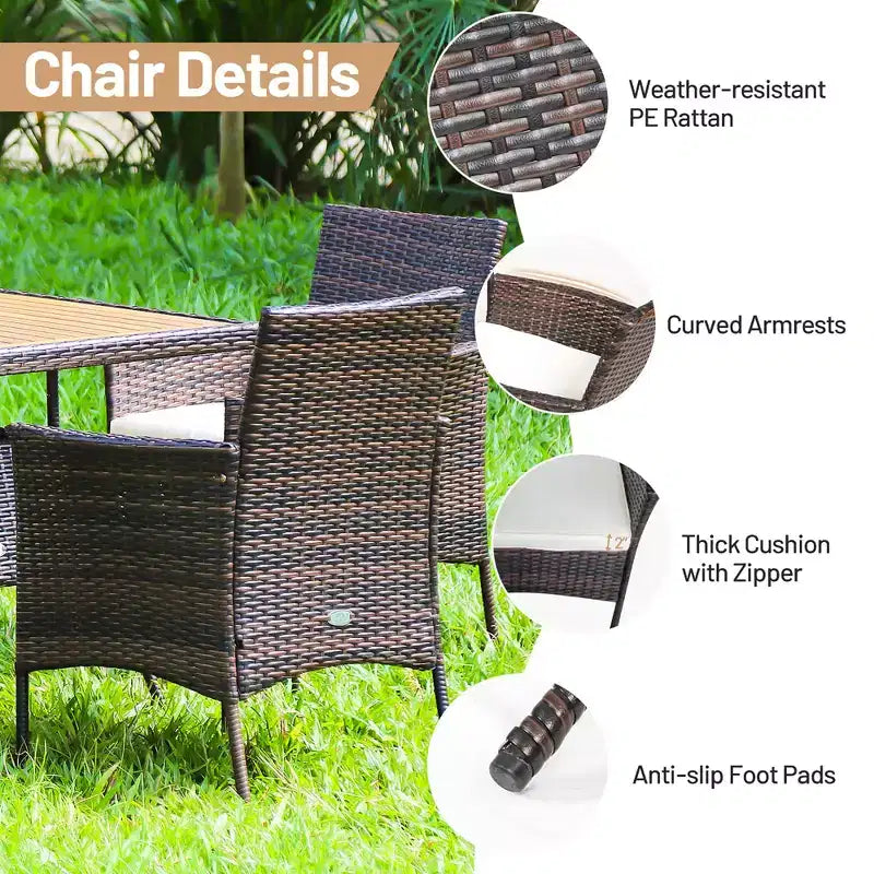 Ensemble de salle à manger 5 pièces en rotin pour terrasse, chaises avec accoudoirs, plateau de table en bois – Sanzelize Design
