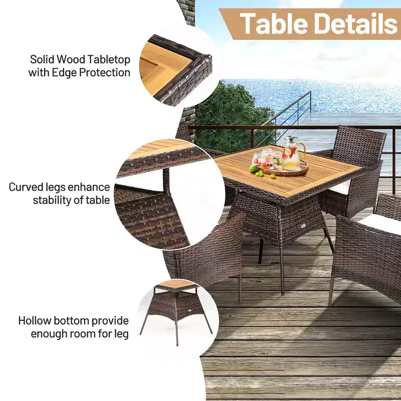 Ensemble de salle à manger 5 pièces en rotin pour terrasse, chaises avec accoudoirs, plateau de table en bois – Sanzelize Design