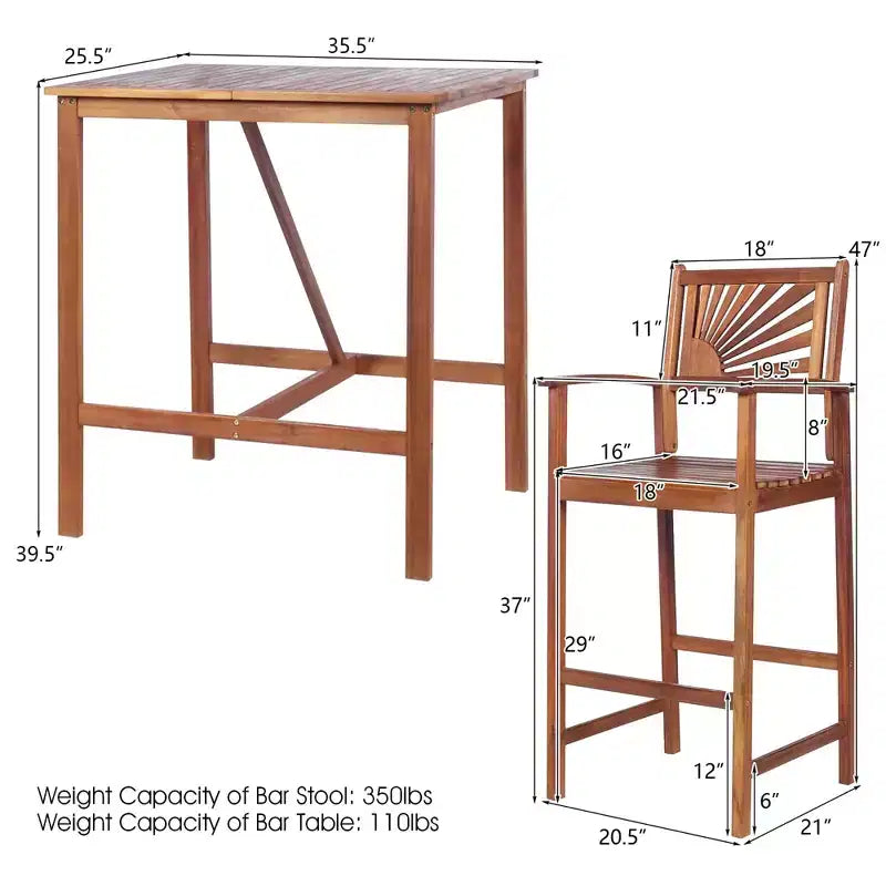 Ensemble de bar 3 pièces en bois d'acacia, hauteur de bar, ensemble de salle à manger de bistrot de jardin extérieur – Sanzelize Design
