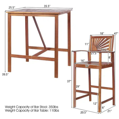 Ensemble de bar 3 pièces en bois d'acacia, hauteur de bar, ensemble de salle à manger de bistrot de jardin extérieur – Sanzelize Design