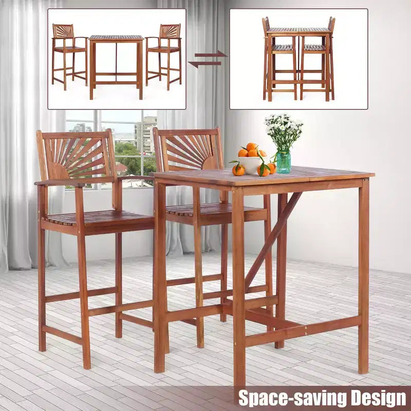 Ensemble de bar 3 pièces en bois d'acacia, hauteur de bar, ensemble de salle à manger de bistrot de jardin extérieur – Sanzelize Design