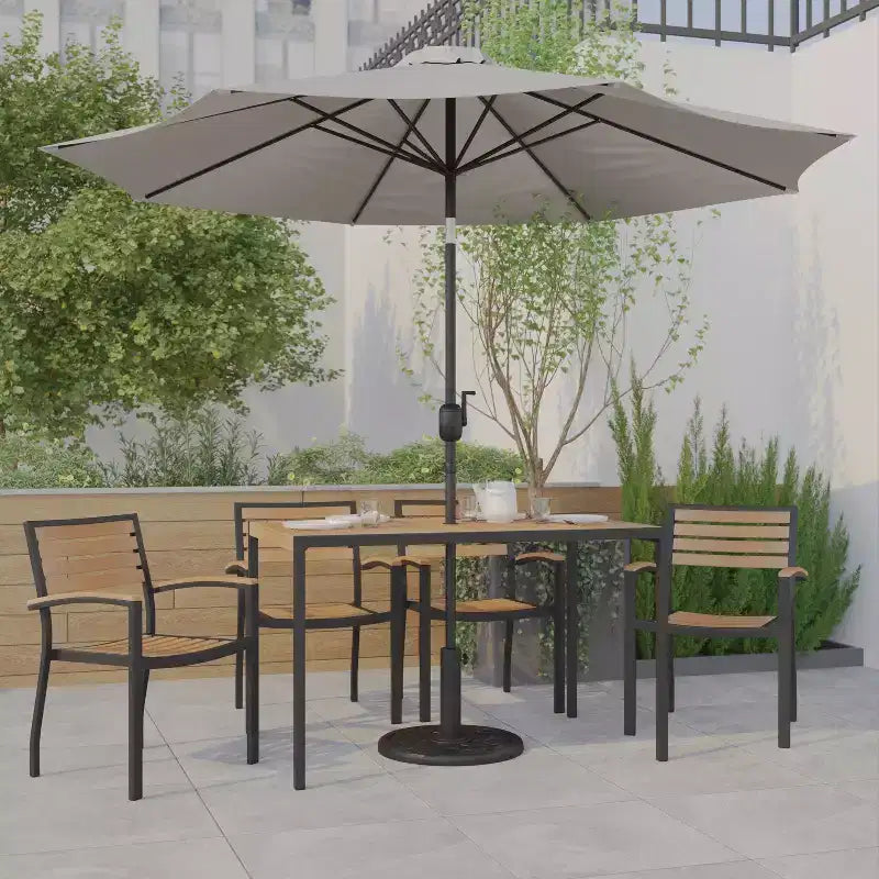 Ensemble table de jardin 7 pièces - 4 chaises empilables en teck synthétique imitation bois – Sanzelize Design