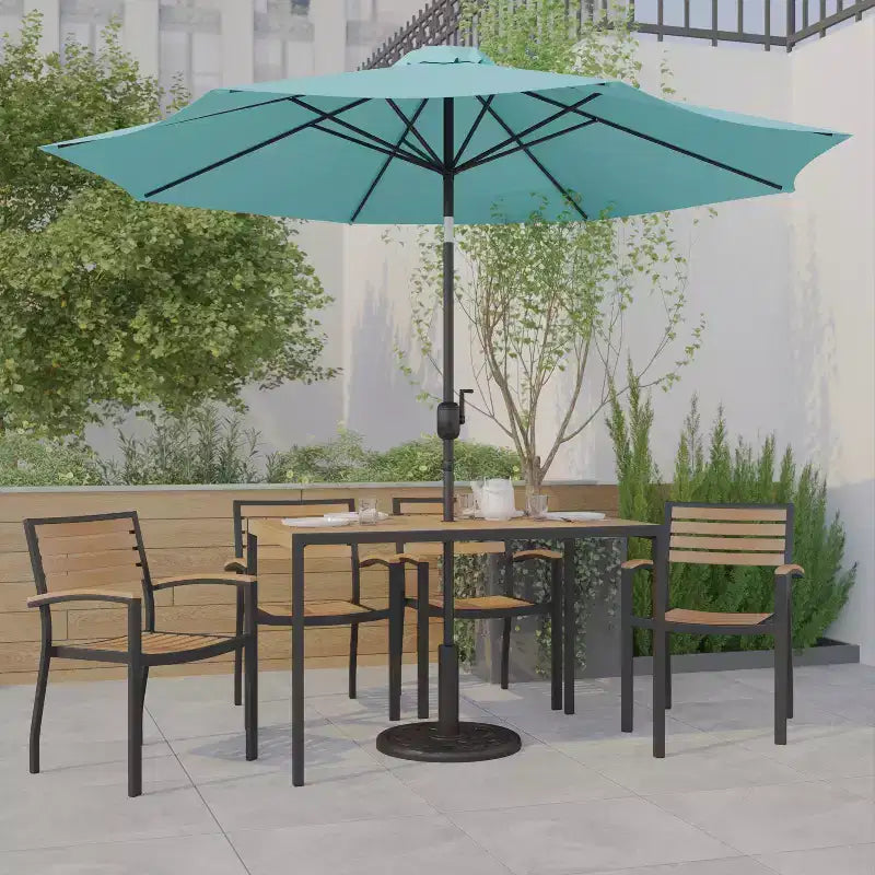 Ensemble table de jardin 7 pièces - 4 chaises empilables en teck synthétique imitation bois – Sanzelize Design