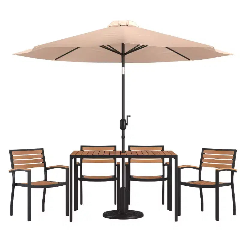 Ensemble table de jardin 7 pièces - 4 chaises empilables en teck synthétique imitation bois – Sanzelize Design