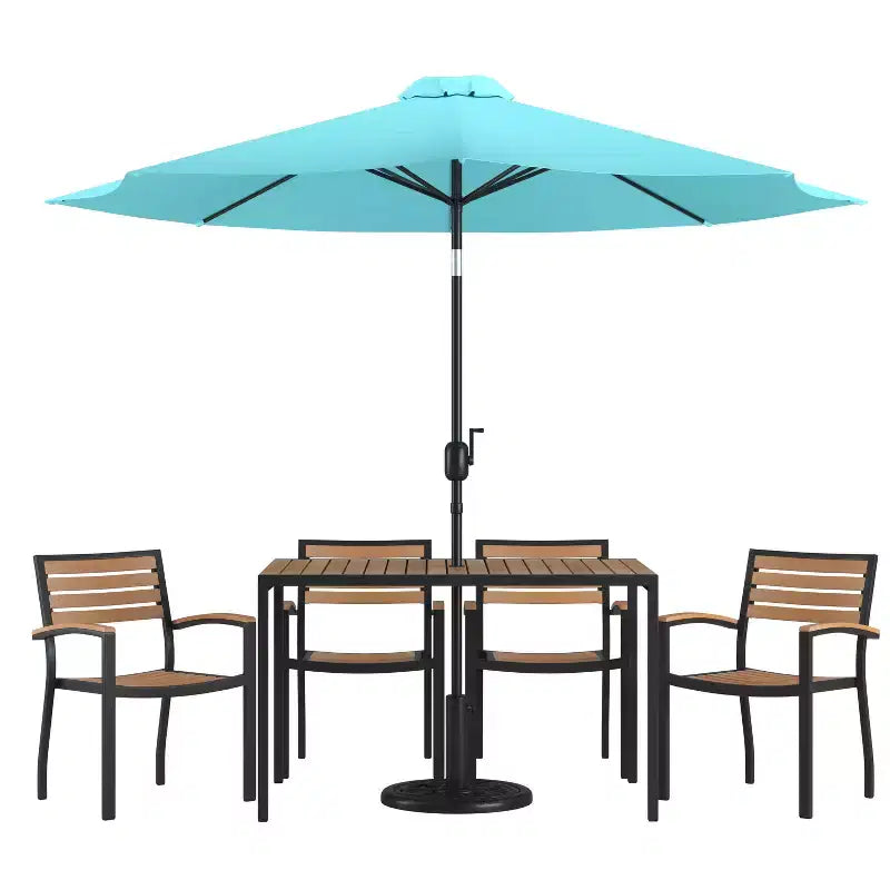Ensemble table de jardin 7 pièces - 4 chaises empilables en teck synthétique imitation bois – Sanzelize Design
