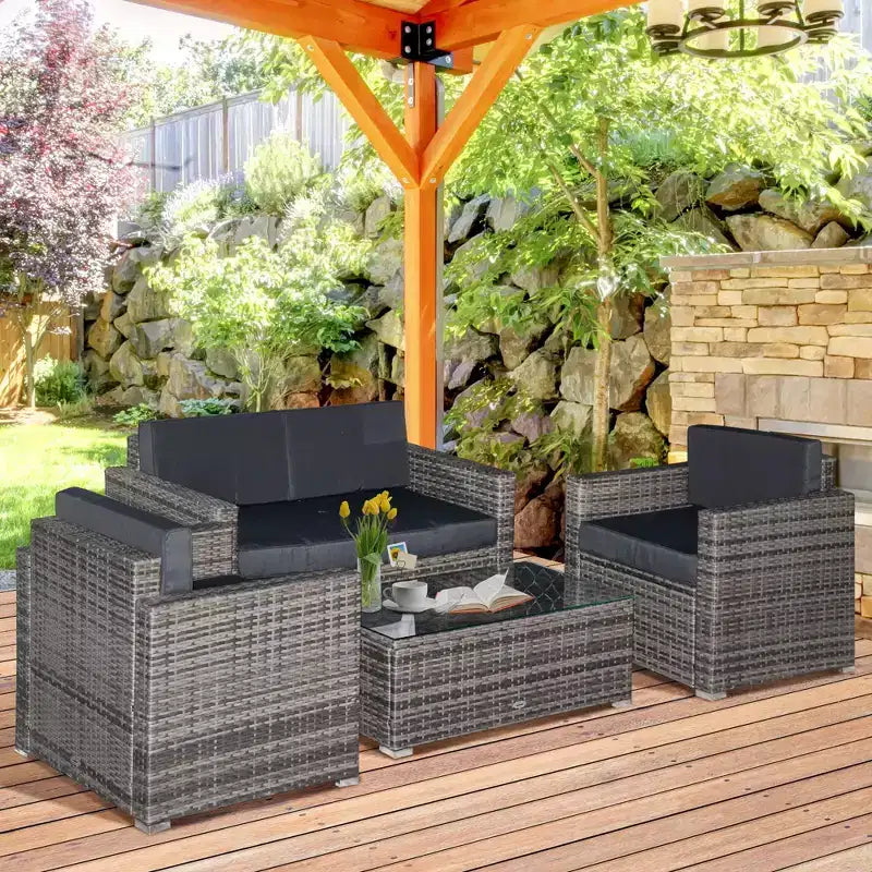 Ensemble de mobilier de jardin en rotin 4 pièces, salon de conversation extérieur rembourré avec 2 chaises – Sanzelize Design