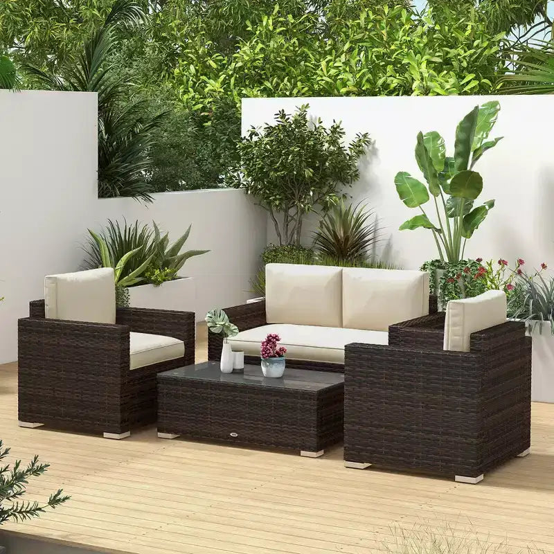 Ensemble de mobilier de jardin en rotin 4 pièces, salon de conversation extérieur rembourré avec 2 chaises – Sanzelize Design