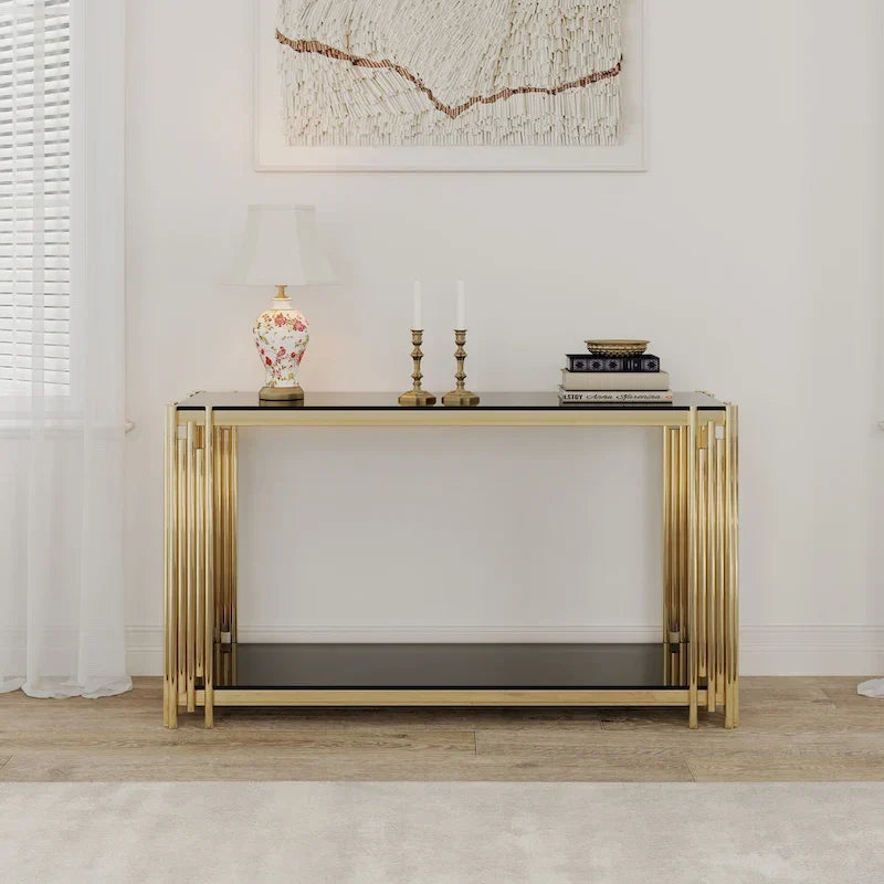 Console étroite à 2 niveaux avec structure en métal doré et plateau en verre trempé – Sanzelize Design