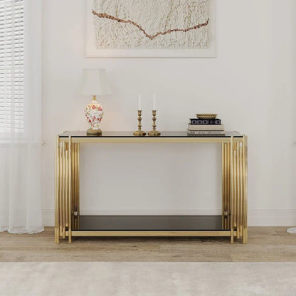 Console étroite à 2 niveaux avec structure en métal doré et plateau en verre trempé – Sanzelize Design