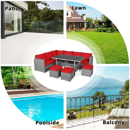Ensemble de salle à manger 7 pièces en rotin pour terrasse, canapé sectionnel et pouf - Voir détails – Sanzelize Design