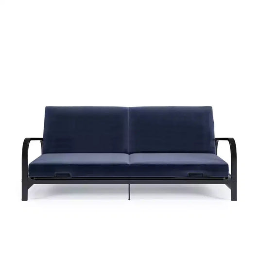Karli Structure de futon en métal noir avec accoudoirs, matelas bleu 15,2 cm et housse noire supplémentaire – Sanzelize Design
