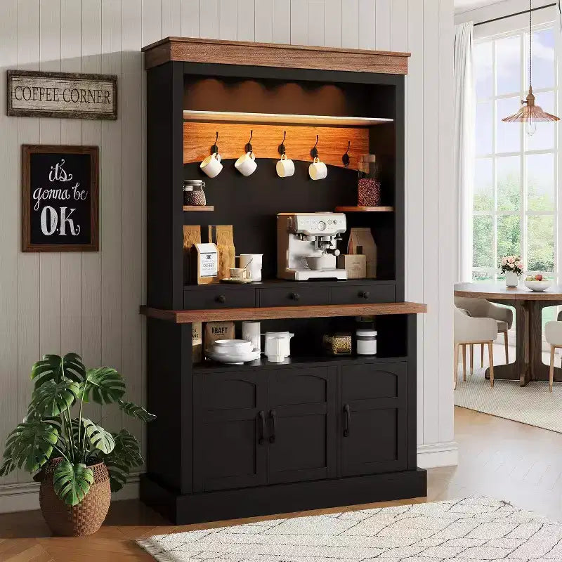Meuble de bar à café de style ferme de 183 cm de haut avec lumières LED, buffet de cuisine avec portes et tiroir – Sanzelize Design