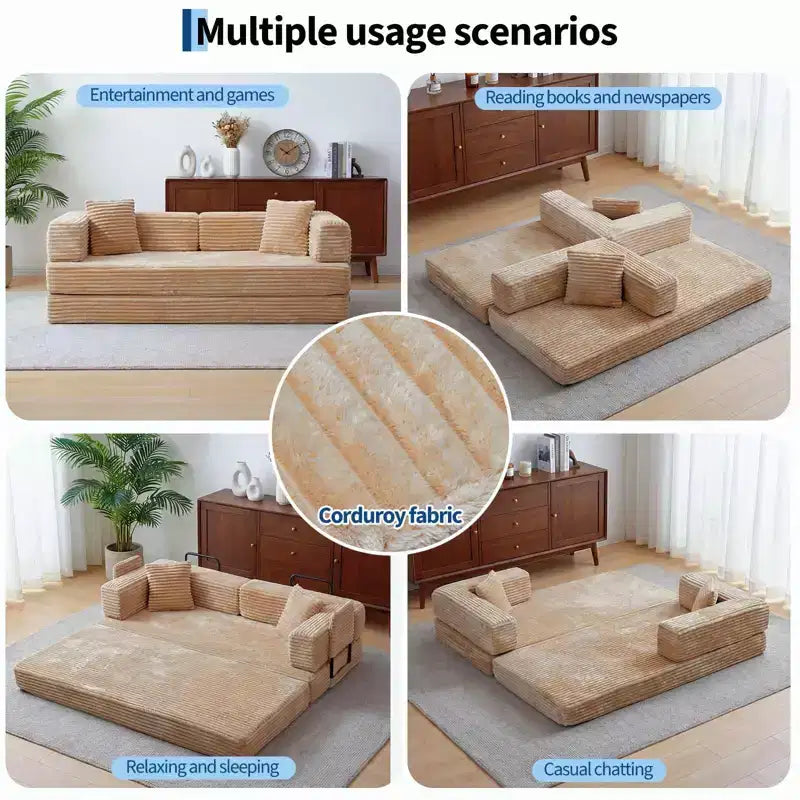 Canapé-lit convertible 5-en-1 de 205 cm – Velours côtelé, charge max. 544 kg, sans assemblage – Sanzelize Design