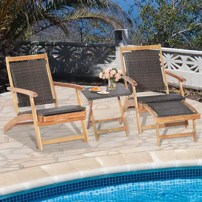 Lot de 4 chaises longues pliantes en rotin pour terrasse avec table en bois d'acacia et repose-pieds rétractable – Sanzelize Design