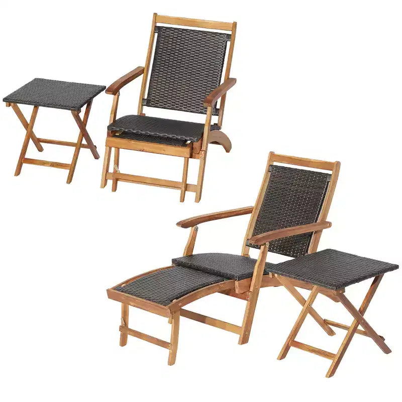 Lot de 4 chaises longues pliantes en rotin pour terrasse avec table en bois d'acacia et repose-pieds rétractable – Sanzelize Design