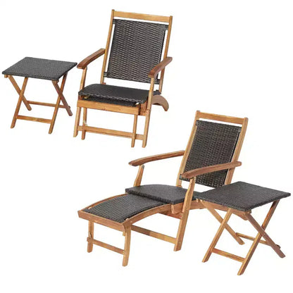 Lot de 4 chaises longues pliantes en rotin pour terrasse avec table en bois d'acacia et repose-pieds rétractable – Sanzelize Design