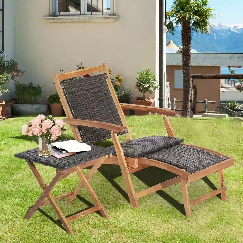 Lot de 4 chaises longues pliantes en rotin pour terrasse avec table en bois d'acacia et repose-pieds rétractable – Sanzelize Design
