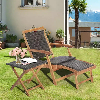Lot de 4 chaises longues pliantes en rotin pour terrasse avec table en bois d'acacia et repose-pieds rétractable – Sanzelize Design