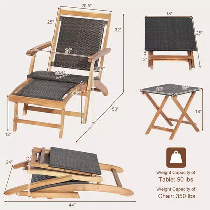 Lot de 4 chaises longues pliantes en rotin pour terrasse avec table en bois d'acacia et repose-pieds rétractable – Sanzelize Design