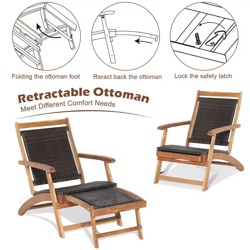 Lot de 4 chaises longues pliantes en rotin pour terrasse avec table en bois d'acacia et repose-pieds rétractable – Sanzelize Design